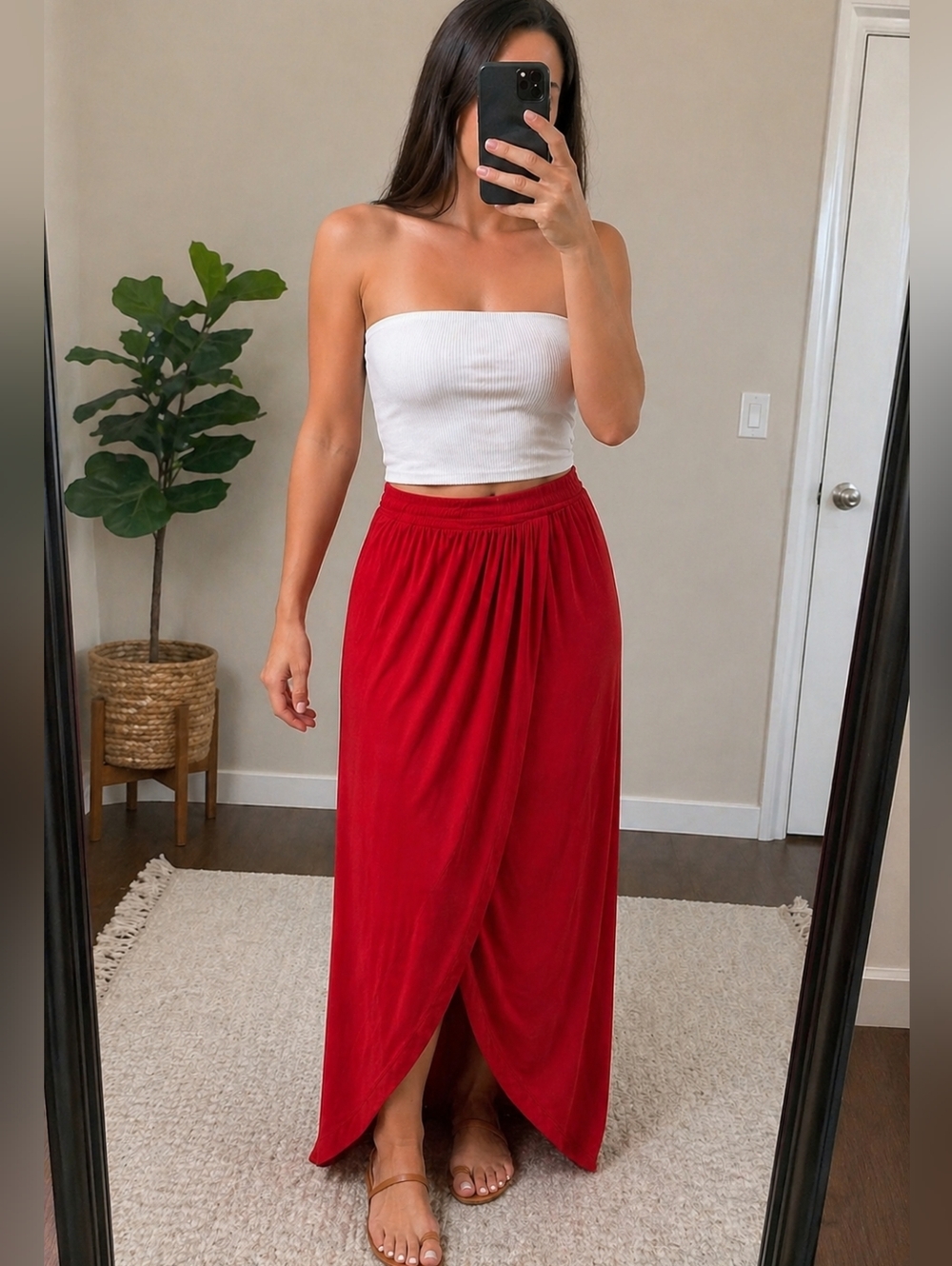 SHEIN Red High Waist Wrap Maxi Skirt Size L Asymmetrical Draped Tie Front - Picture 4 of 7